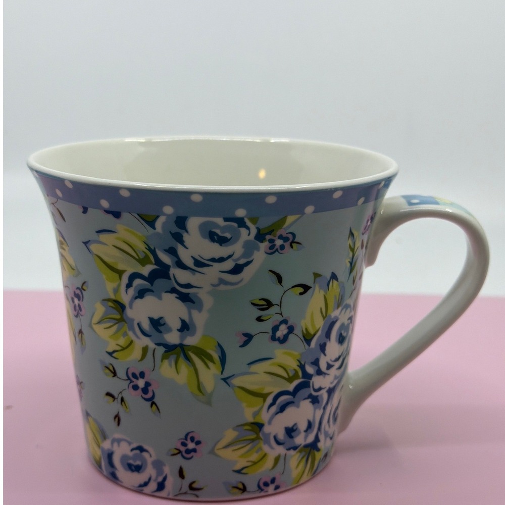 Pier 1 Imports Blue Floral Fine China Mug Polka Dot Rim Shabby Chic